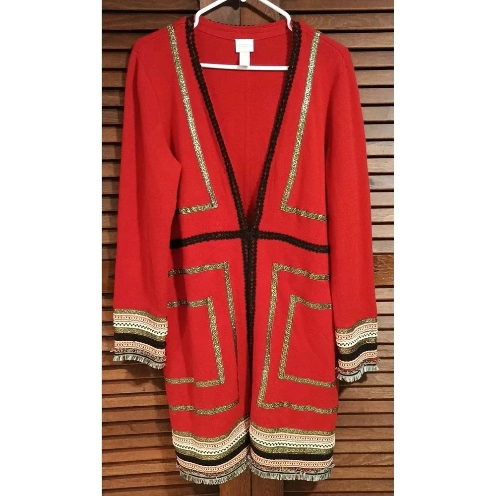 Embellished Cardigan Sweater Chicos Size 2 Red Gold Black Ornate‎ Trim Boho